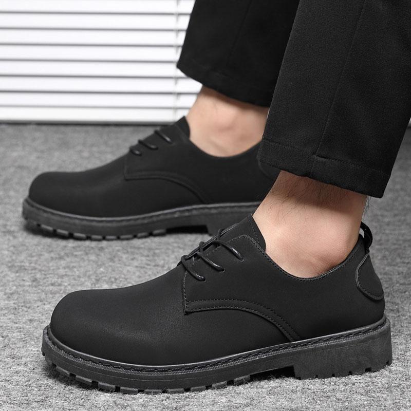 Men's Casual Leather Shoes Spring Work Shoes Heightening Anti-slip Fashionable All-match Black Shoes for Office Wear