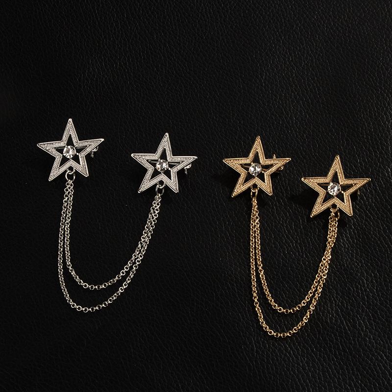 Crystal Pentagram Brooch Pin Fashion Tassel Chains Suit Shirt Badge Collar Lapel Pin For Men And Women Jewelry Gifts