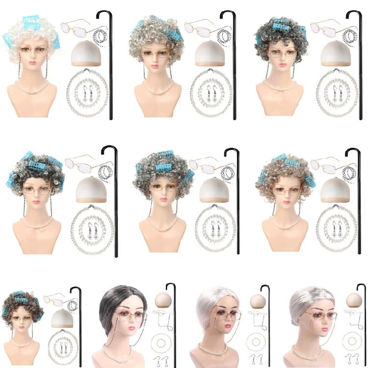 Halloween Grandma Costume Set Old Lady Wig and Granny Glasses Props for Kid Girl
