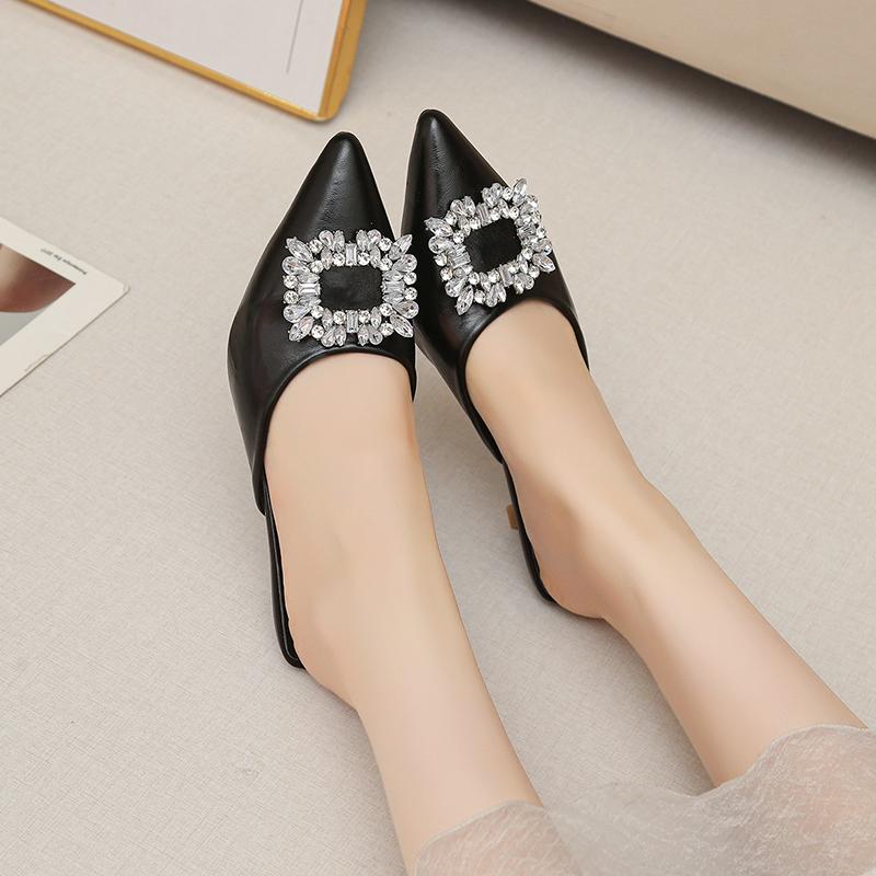 Fashion Pointed Toe Shallow Slip Rhinestone Square Buckle Stiletto Heel Semi-drag Women's Fashion Non-Slip Wear-Resistant Wrapped