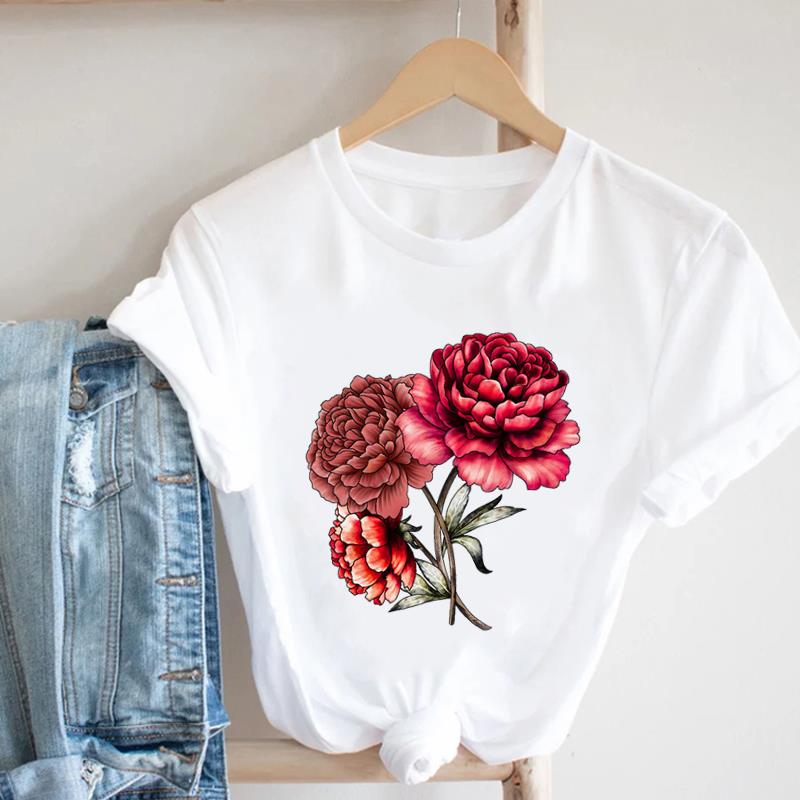 (European Size)  90s Print Tee Women Peace Flower Trend Cute Top Clothing Fashion T-shirt Lady Female Casual Short Sleeve Graphic T-shirt