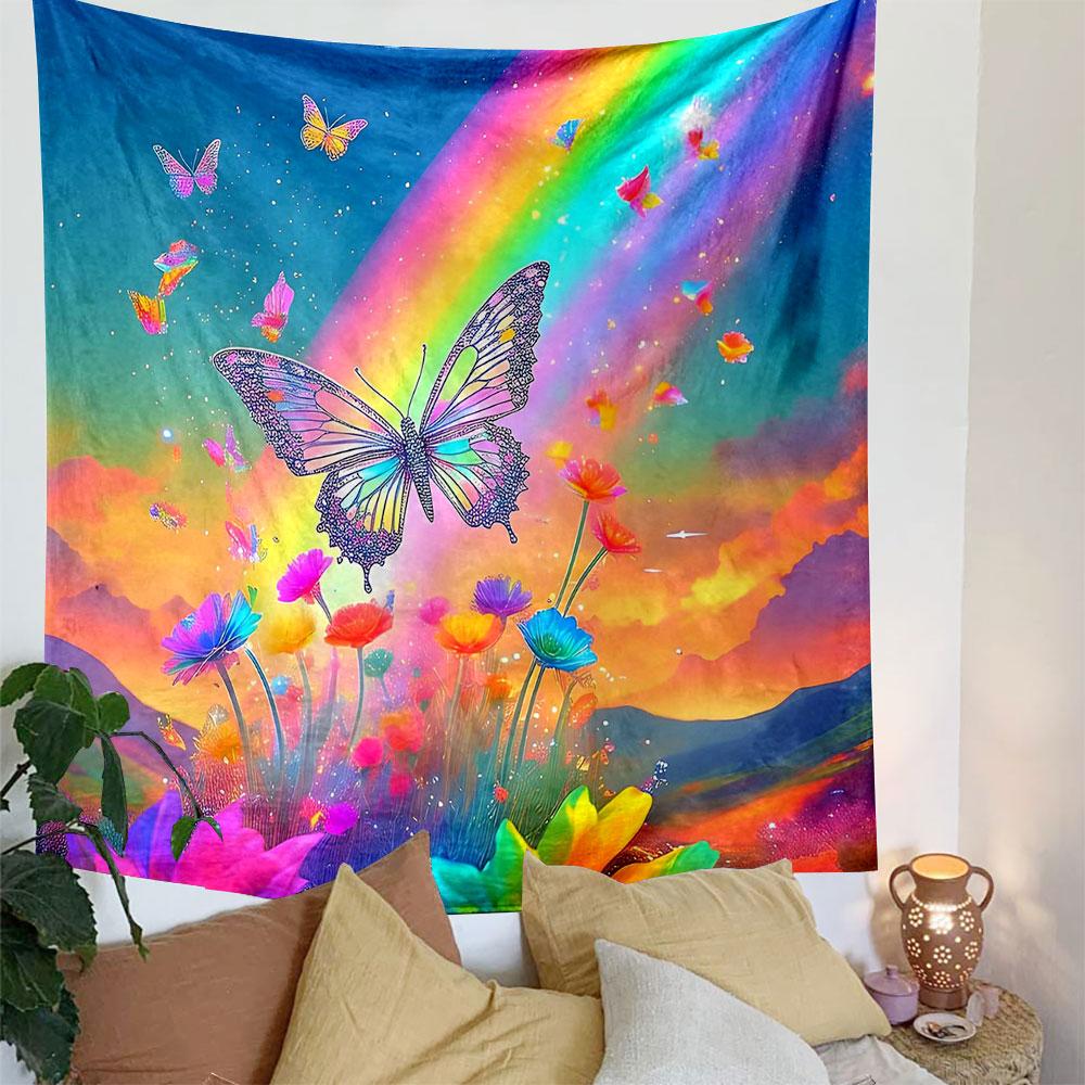 Rainbow Butterfly Over Vibrant Flowers Patterned Tapestry Decorative Wall Hanging, Home Bedroom Living Room Decor