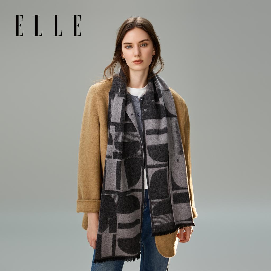 ELLE 100% Sheepskin Scarf Women's Autumn and Winter Warm Fashion Letter Jacquard Shawl Dual purpose