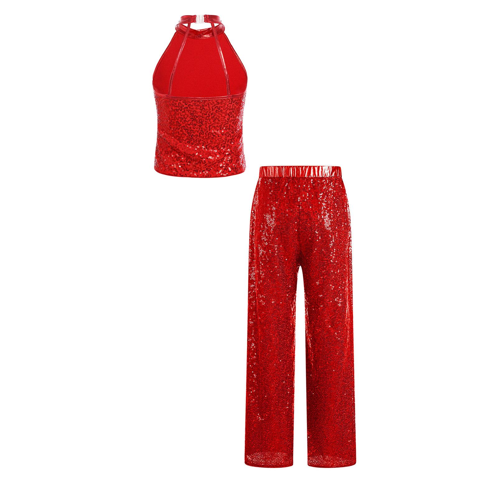 

Дитячий набір з блискітками та штанів для дівчаток, без рукавів, з відкритою спиною та дизайном халтер для черлідингу, джазових танцювальних виступів 7-8 Years