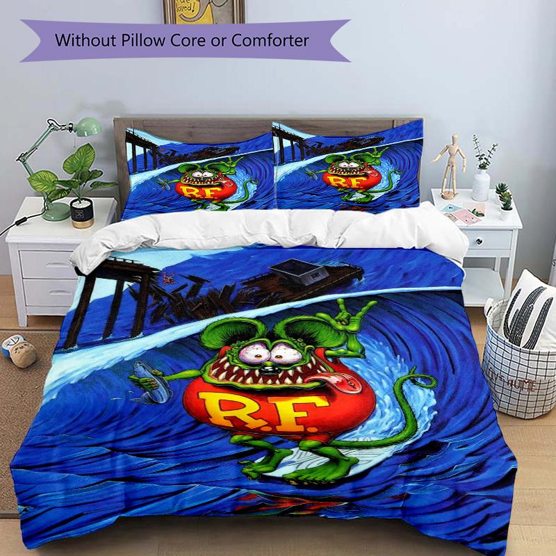 3Pcs Rat Fink Wave Bedding Set Soft Fabric Duvet Cover Pillowcases Home Christmas Xmas Halloween Gift 1 Duvet Cover 2 Pillowcase L1199