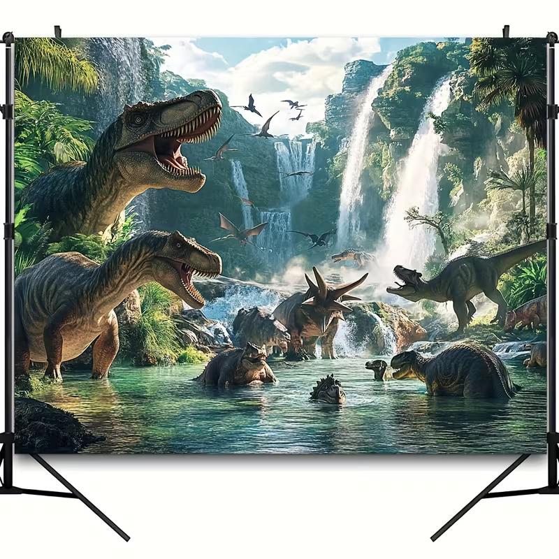 Prähistorische Dinosaurierfamilie Kulisse Dschungel-Wasserfall-Szene Hintergrundtuch für Kindergeburtstagsparty
