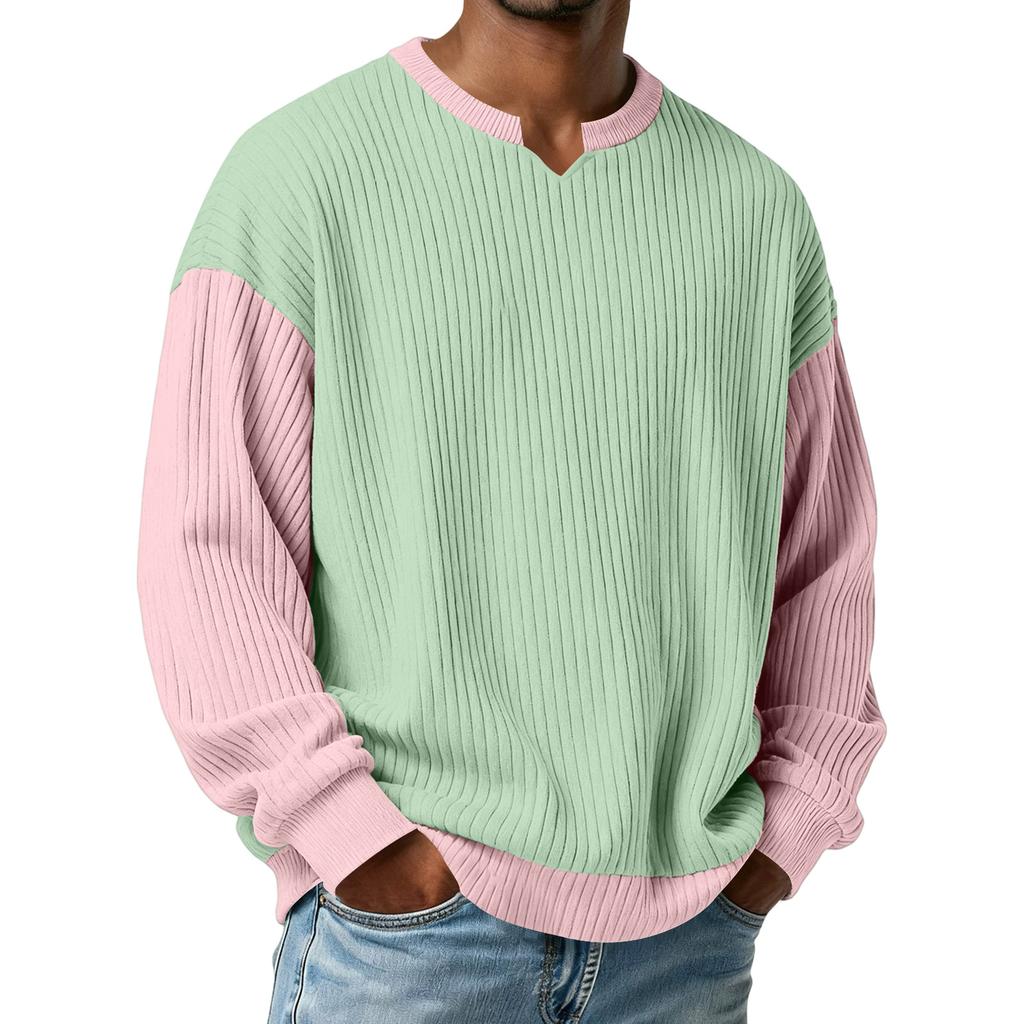 Herrars Färgblockerad Stilfull V-ringad Ribbad Texturerad Långärmad T-shirt