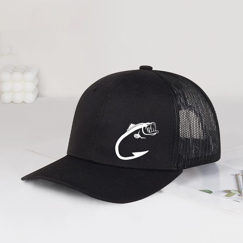 Chapeau de camionneur imprimé hameçon de poisson basse réglable unisexe filet ventilé chapeau de soleil pour pêcheur noir
