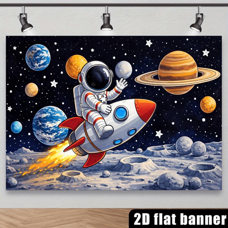 2D planar space exploration theme background fabric with the central part showing a person wearing a white spacesuit