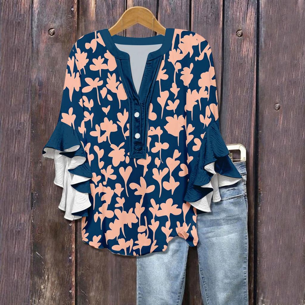 Women's Summer Tops V Neck Three-quarter Sleeves Floral Print Flowing Ruffle Sleeves Half-button Shirt
