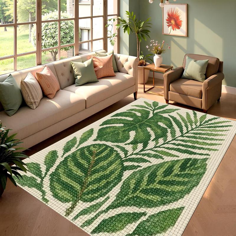 Green Tropical Leaves Area Rug, Non Slip Washable Floor Mat Decorative Plant Themed Carpet for Living Room Bedroom Minimalist