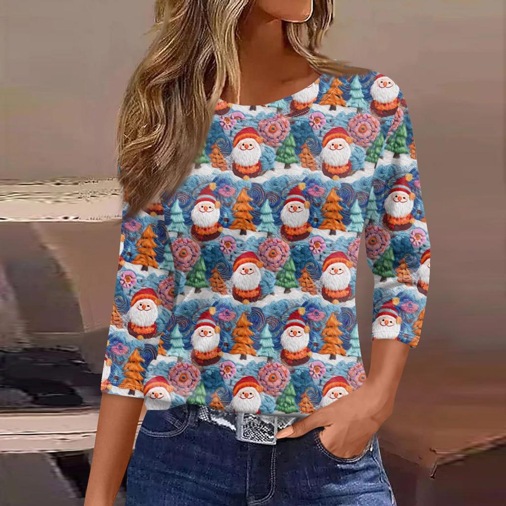 Women's Fashionable Casual Three Quarter Sleeve Christmas Printed Round Neck Top