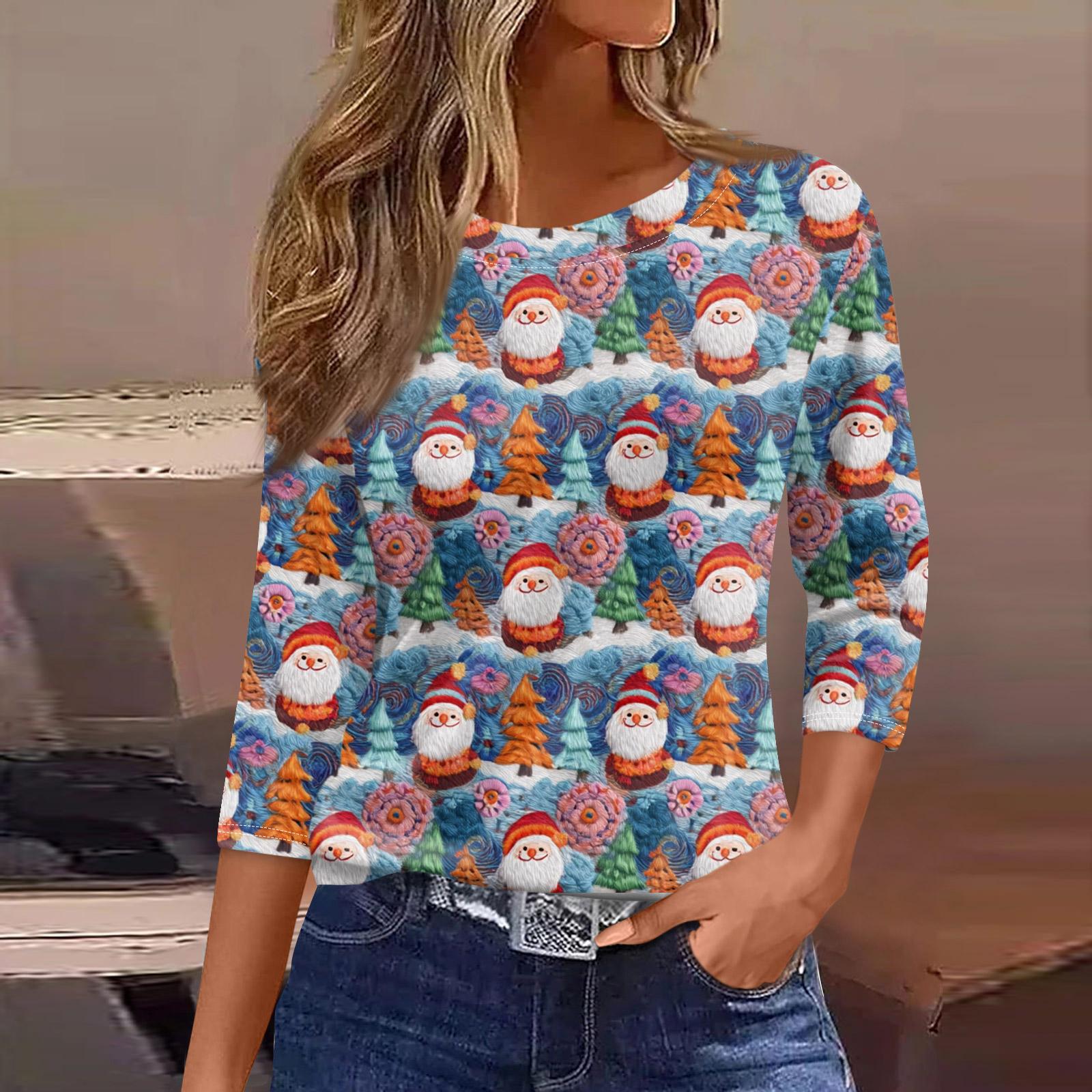 

Женская модная повседневная футболка с рукавом три четверти и рождественским принтом, круглый вырез L