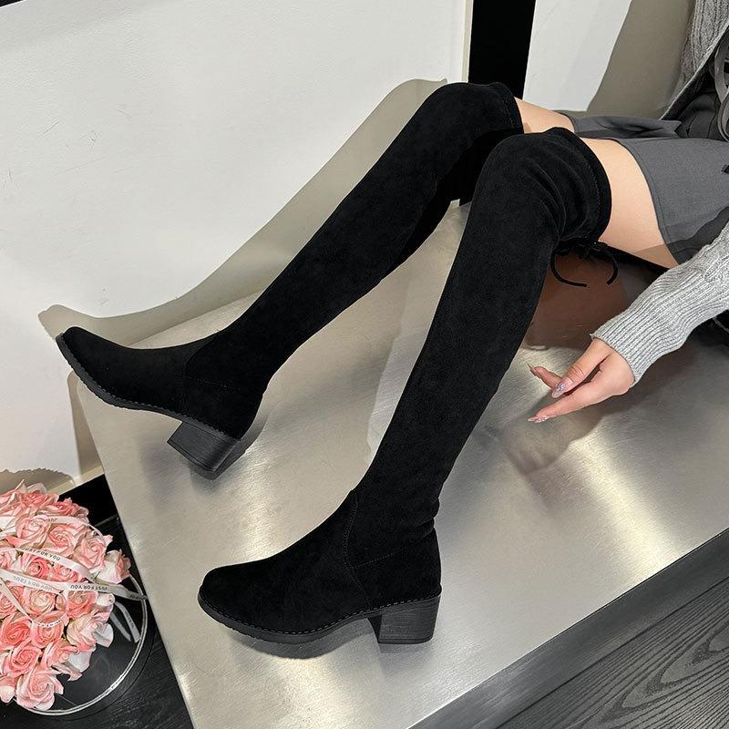 Knee boots for women's autumn and winter new thick heel velvet elastic boots warm versatile long tube thin boots for women