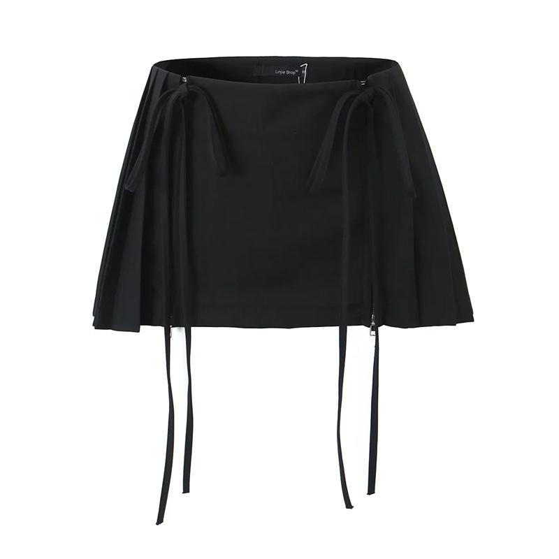 WTEMPO Girl's High Waist Double Drawstring Zipper Short Skirts Women's Solid All-match Pleated A-line Mini Skirts