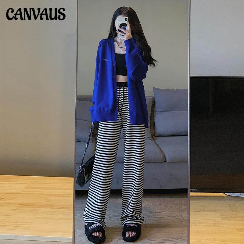 

Трикотажные полосатые широконогие брюки женщины падают новые высокие талии свободная драпировка чувство тонкие волочащиеся брюки H1015