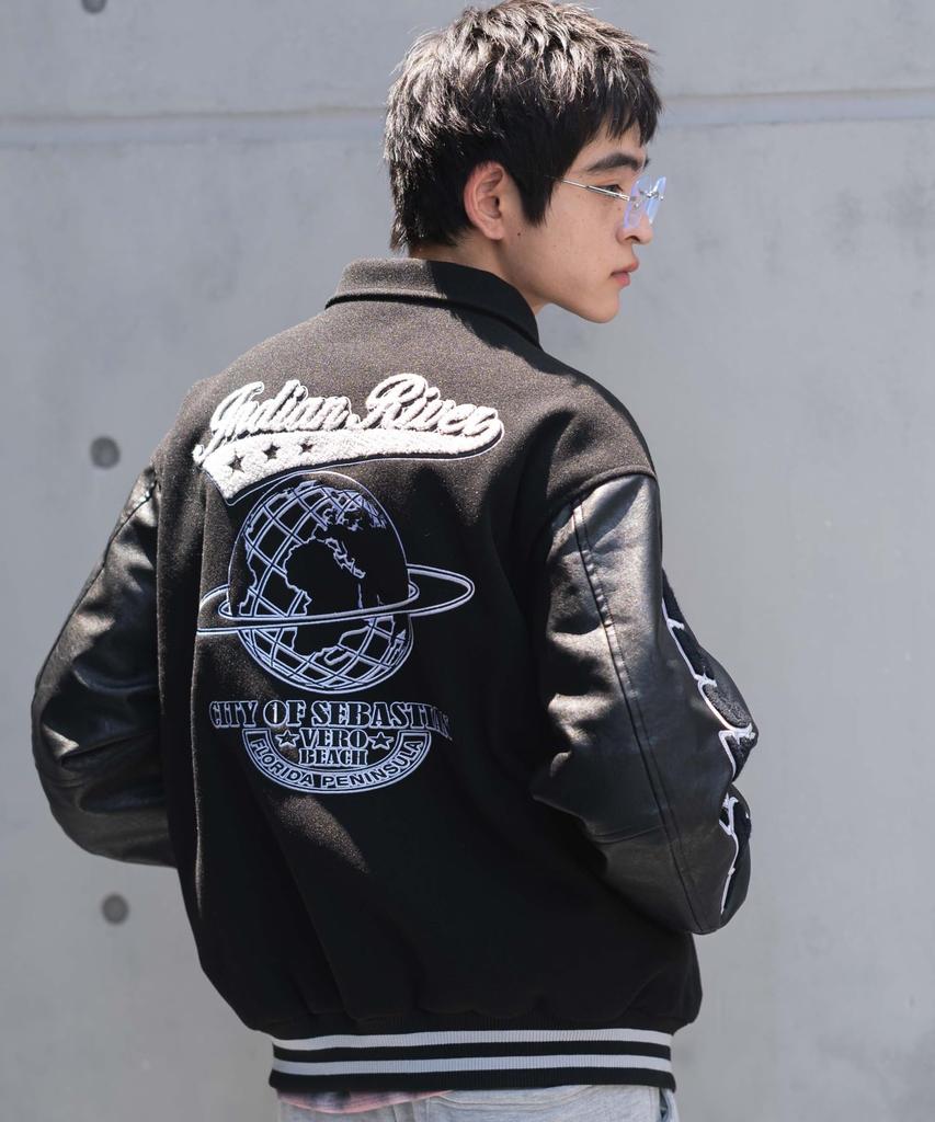 WEGO Melton Patch Stadium Street Loose Oversized Black Size M Men's Jacket, Outerwear, Style, Fit, Silhouette, Fall/Winter Clothing, Gift, Sonata,