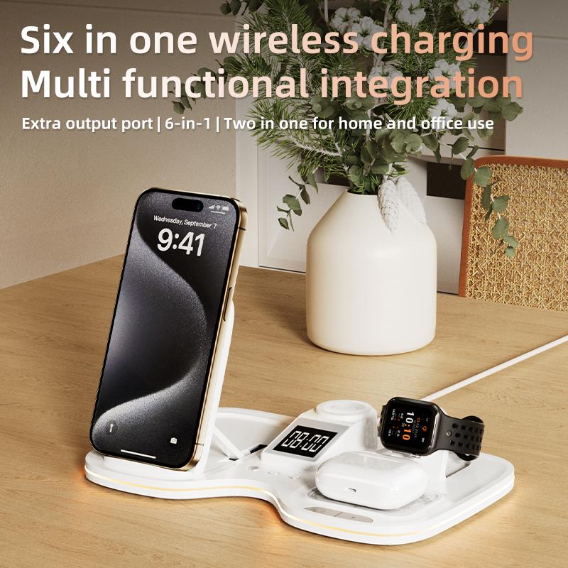 Custom logo Corporate Gift Multifunctional 15W Fast Charger Alarm Clock RGB Ambient Night Light 6 in 1 Wireless Charger Foldable