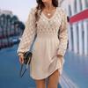 Women's Casual V-neck Hollow-out Scale Texture Solid-color Long-sleeve Sweater Dress