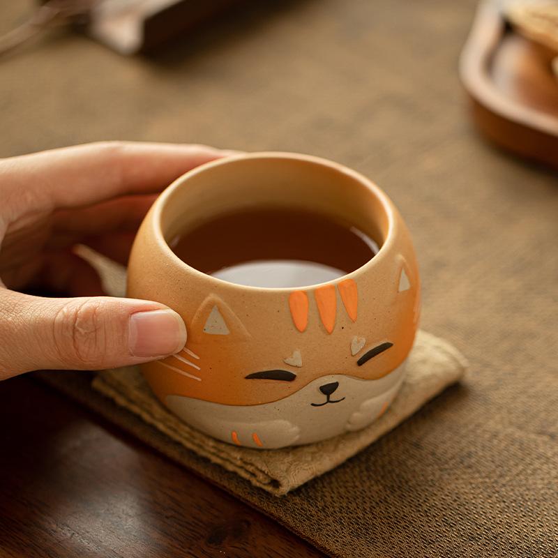 Cat Theme Handmade Ceramic Master Cup for Gongfu Tea Cute Cozy Companion Home Use Personal Tea Ritual Gift