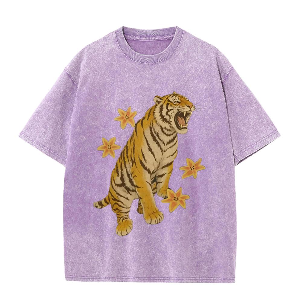 2026 Vintage Washed Black Roaring Tiger Flower Graphic T Shirt Oriental Animal Oversized Loose Streetwear Casual Short Sleeve Te