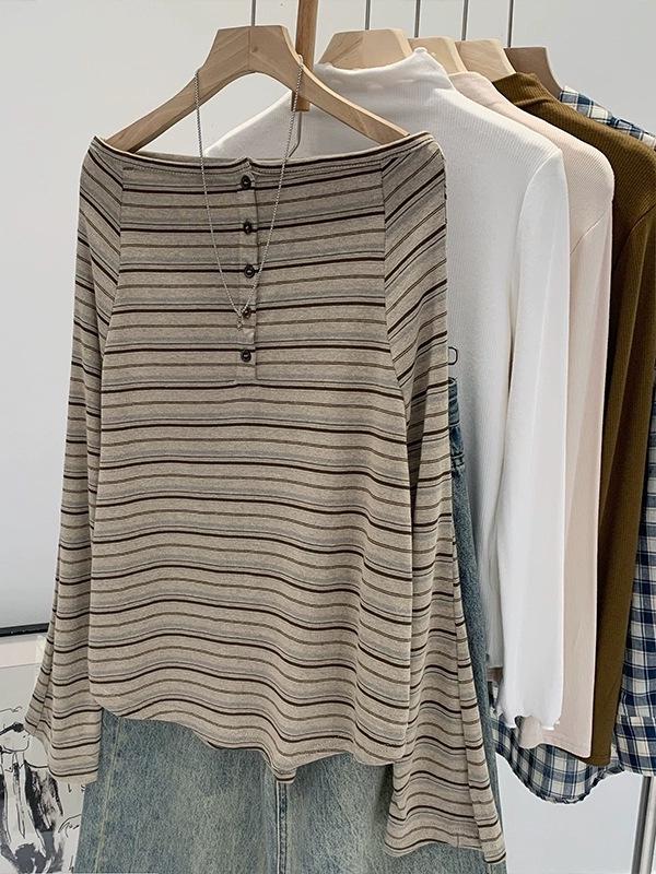 Autumn 2025 New Arrival: Women's High-End Korean Style Striped One-Shoulder Long-Sleeved T-Shirt