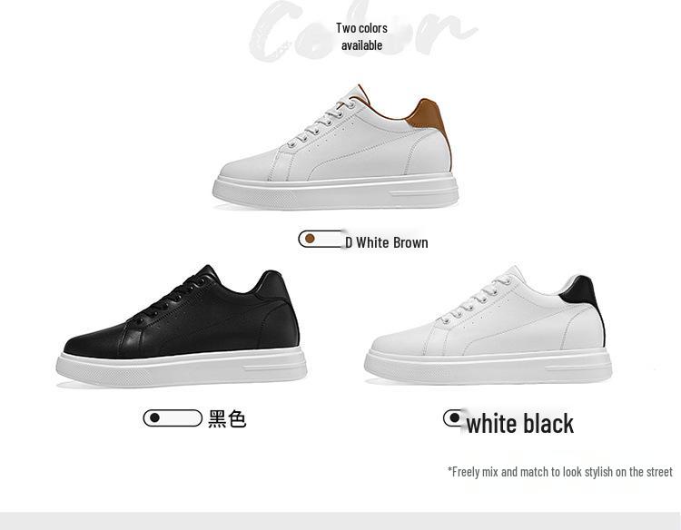 Pánské kožené tenisky zvyšující výšku o 8 cm - Bílé, Trendy silná podrážka, Prodyšné a ležérní sportovní styl