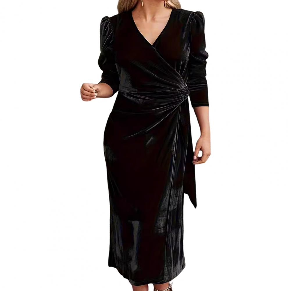 Women Autum Spring Dress Cross V-Neck One Tone Lace-up Tight Waist Velvet Mid-calf Length Long Sleeves Pleated Dating Commuti