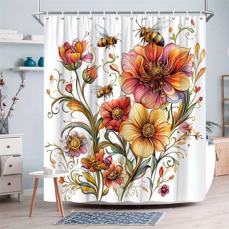 1Pc Colorful Floral Shower Curtain, Polyester Fabric, Machine Washable, With Hooks, Suitable For Bathroom Decoration
