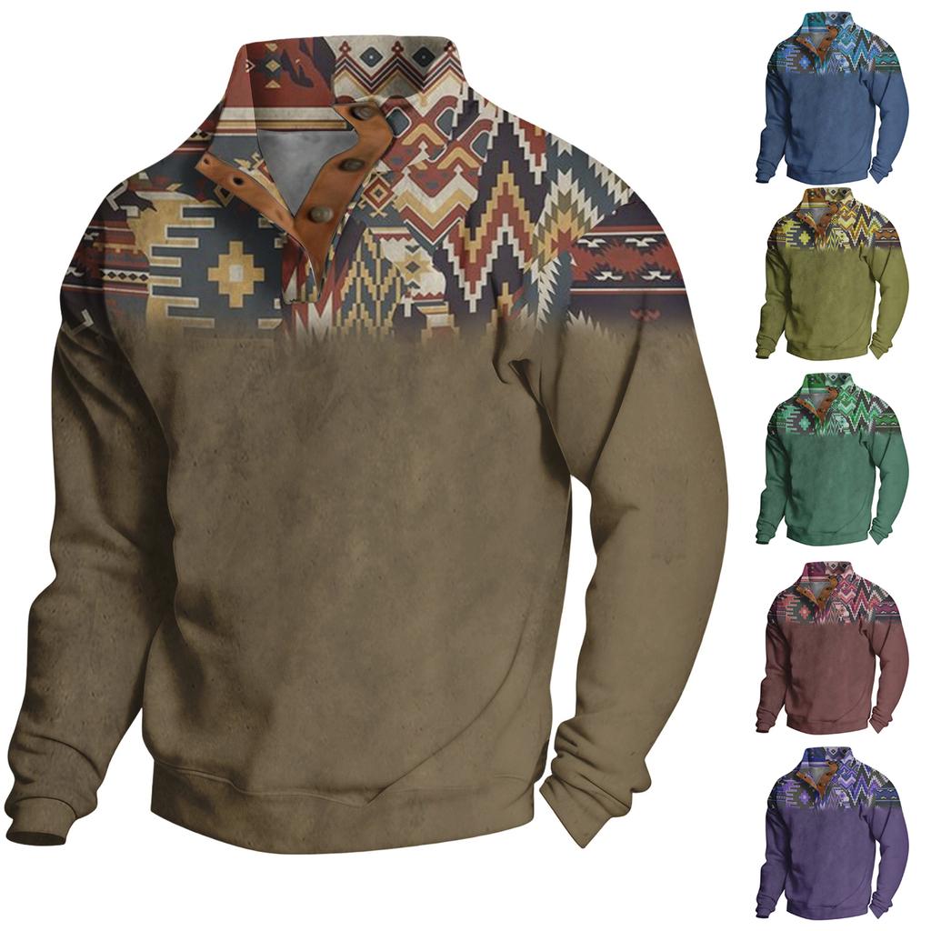 Men's Pattern Pullover Button Sweatshirt Long Sleeve Western Casual Top