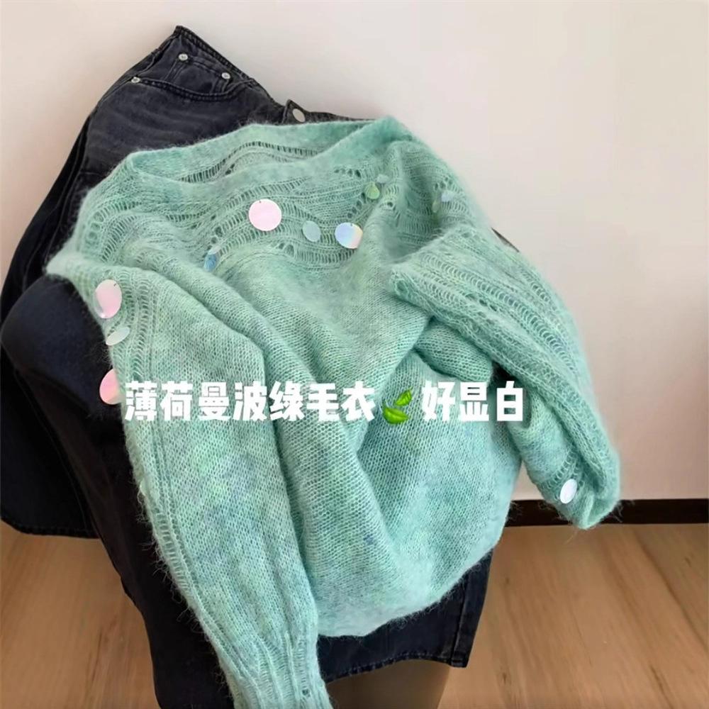 Recommended Dopamine Green Hollow Sequin Knitted Sweater for Women's New Autumn High-end Soft Waxy Sweater for Self-retention