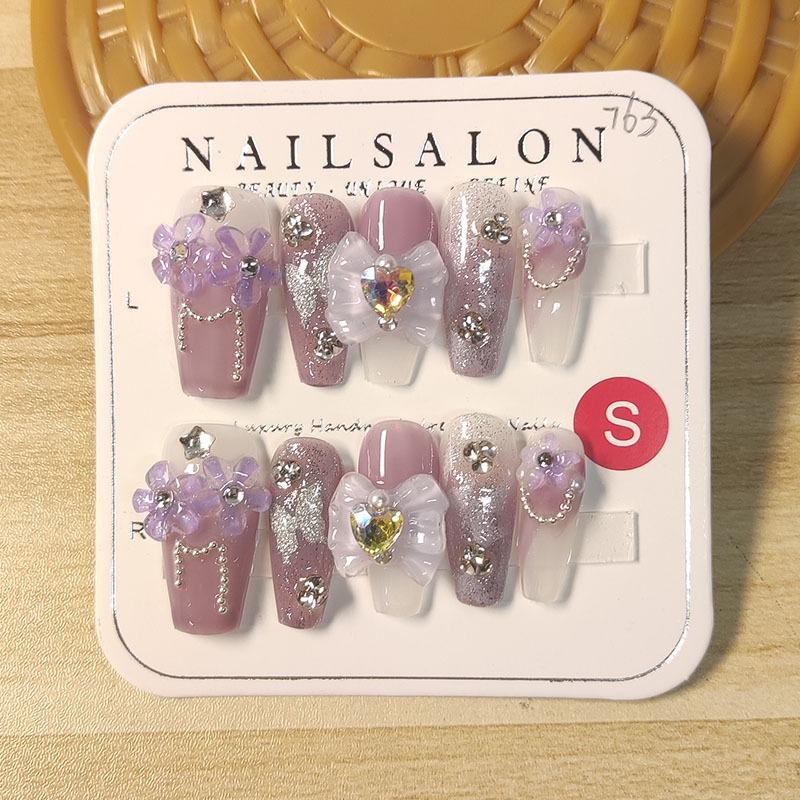 100% HANDMADE Coffin Shape Fake Nail Set With Glue Art Purple Starry Clear Iris Flower Applique Diamond Press On Nails Reusable and Removable