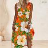 Women Plus Size Scoop Neck Sleeveless Printed Orange A Line Maxi Dress