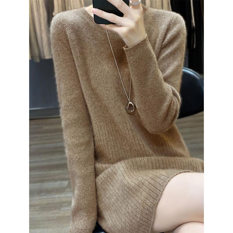 Autumn and Winter New Medium and Long Sweater Women's Crew Neck Knitted with Coat Dress Small Versatile Bottoming Skirt