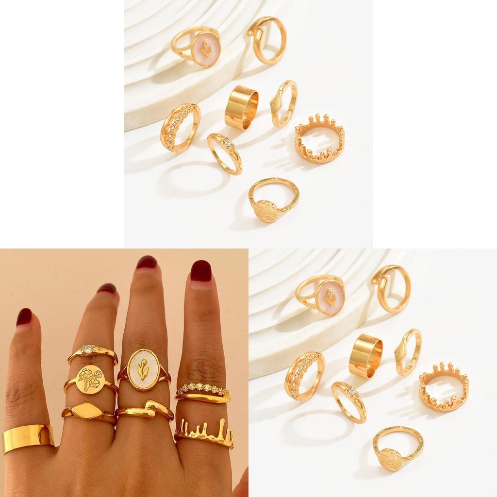 Geometrische Zinklegering Ringenset Met Bloemenpatroon Voor Stijlvolle Vrouwen