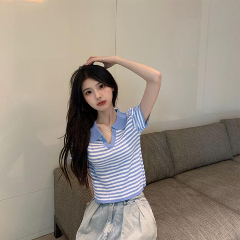 Striped T-shirt Women's Summer Thin Polo Collar Short-sleeved Short High-waisted Navel Design Niche Knitted Top