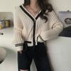 Early Autumn New Fashion Loose and Versatile V-neck Contrast Color Long-sleeved Knitted Cardigan Sweater Top Women's Tide 6790#