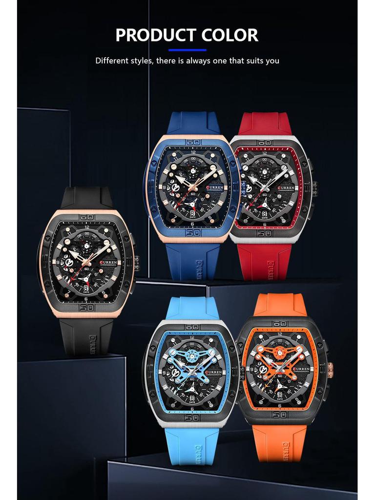 CURREN 8443 Wasserdichte Herren-Quarz-Multifunktionsuhr mit Sechs-Zeiger-Design und Tonnenform