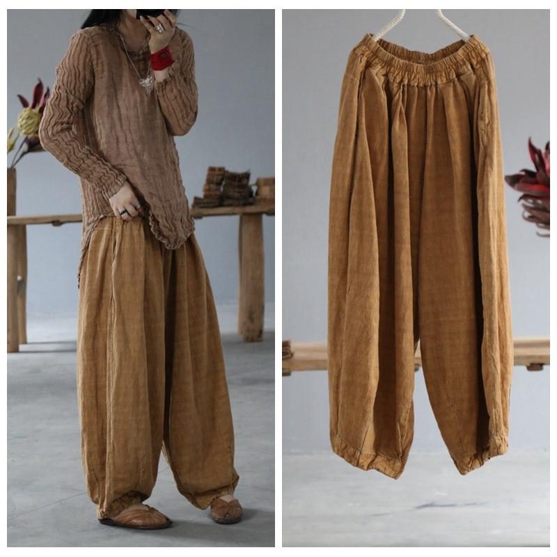 Johnature Women Vintage Linen Wide Leg Pants Elastic Waist Loose Autumn Trouser Chinese Style Women Soft Long Pants