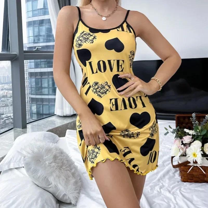 Letní dámská noční košile Krásná záda Tenká sekce Domácí oblečení Sexy halter Krátká sukně Láska Kreslený Roztomilý potisk Pyžamo