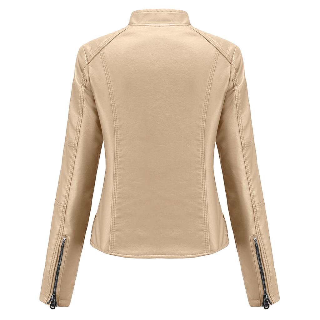 Women's Casual Fashion Slim Fit Thin Motorcycle Large Size Stand Collar Leather Jacket