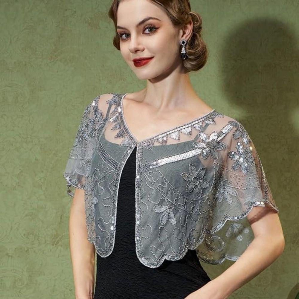 Bling Bling Sequins Poncho Coat Retro Flapper Shawl Dress Decorative Shoulder