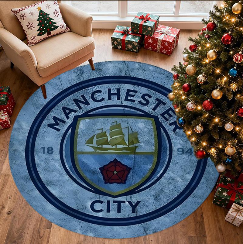 Manchester City FC Pattern Round Rug, Indoor/Outdoor Mat, for Picnic, Gameroom, Bedroom, Office, Living Room, Home Decor Carpet, Birthday Gift