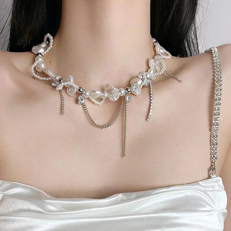 1 PZ Collana Irregolare Imitazione Perla Choker Avvolgente Donna Dolci Perline Catena Collo Strass Lusso Leggero Gioielli da Festa di Alta Gamma