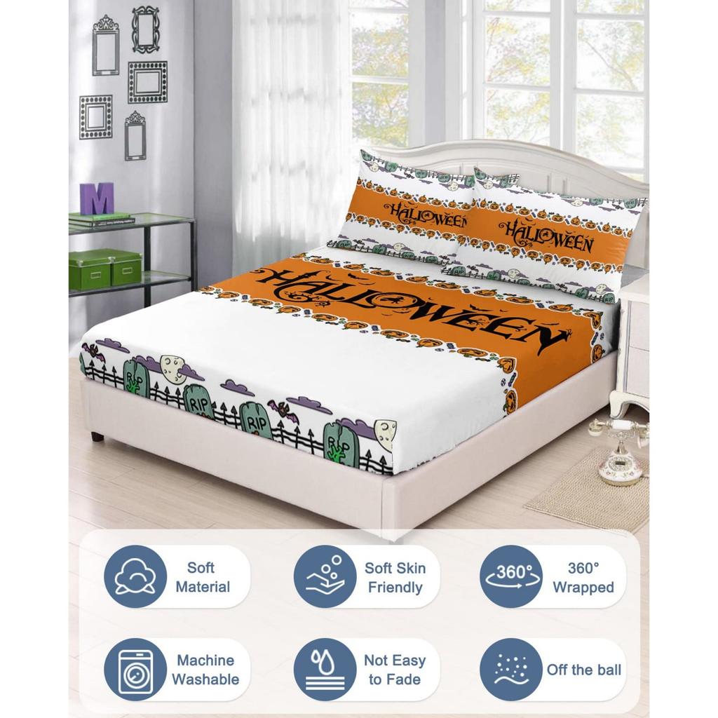 Halloween Pumpkin Pattern Mattress Three-Piece Digital Printing Mattress Bedding Set Adult Children