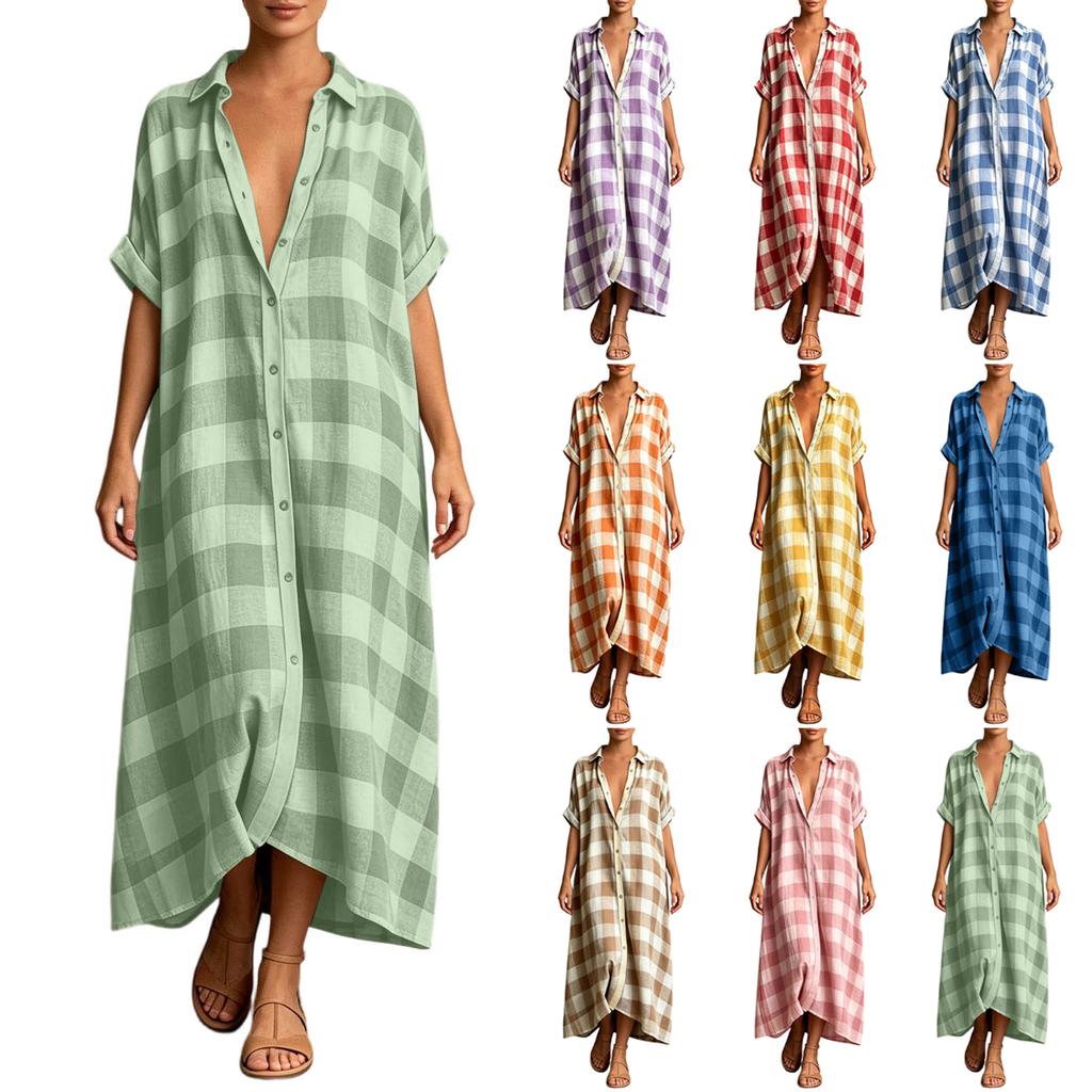 Women's Casual Plaid Short Sleeve Maxi Dress with Lapel for Vacation Beach Wear