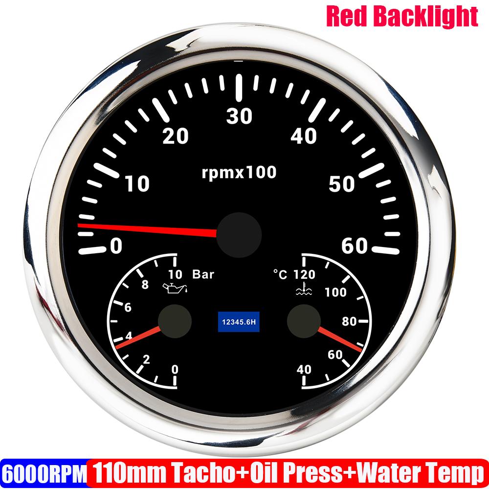 ZMFJH Multifunctional 110mm Gauge Red LED 3000-8000RPM Tachometer+Oil Pressure Gauge+Water Temperature Meter 40-120℃ Car Boat