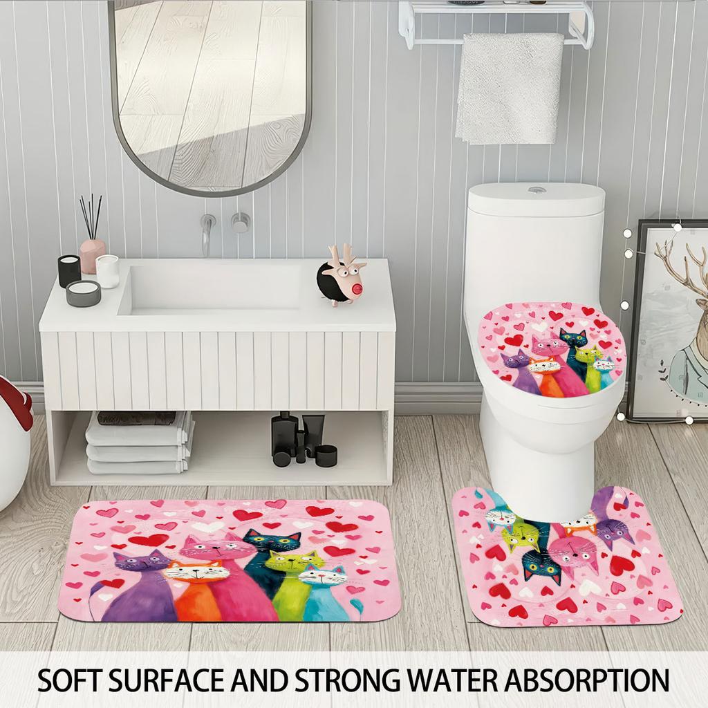 4 Valentine's Day Romantic Love Cartoon Cat Print Bathroom Set 180x180 Waterproof Shower Curtain Floor Mat U-shaped Toilet Mat