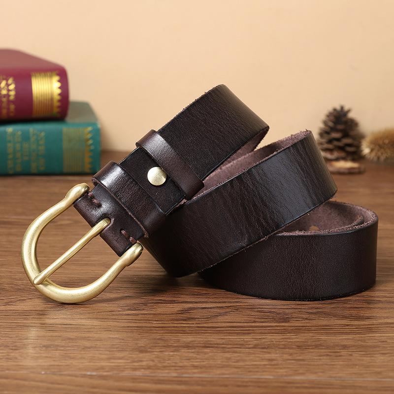 

Ремень с латунной пряжкой, мужской кожаный ремень с пряжкой, первый слой из натуральной бычьей кожи, простой универсальный ретро-повседневный джинсовый ремень для молодежи 120cm