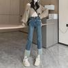 Women's High Waist Spliced Cuffed Jeans, Slim Fit Cigarette Style, Retro Elastic for Summer